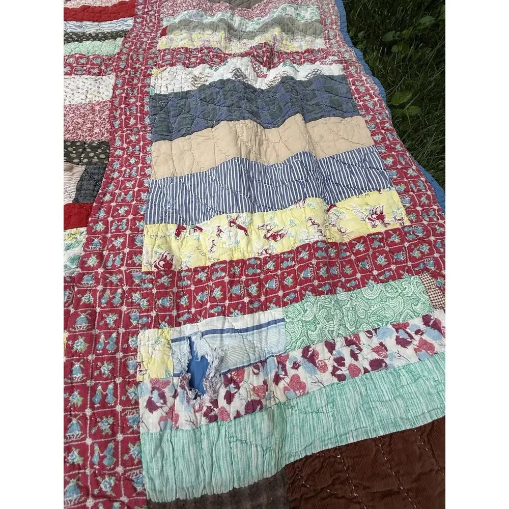 Antique Vtg 1920’s CRAZY QUILT Multi-Color Feed Sack Cowboys 78” **Needs Repair